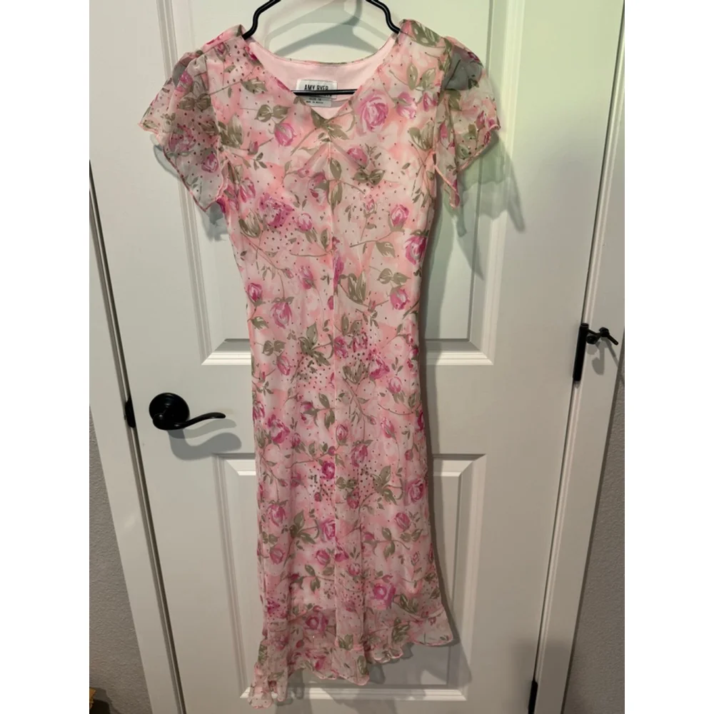 Girls Amy Byer Pink Floral Midi lined Dress Size 16